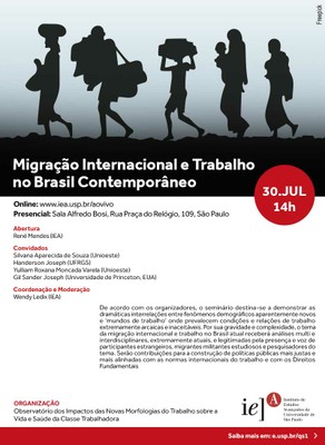 Convite do seminário "Migração Internacional e Trabalho no Brasil Contemporâneo"